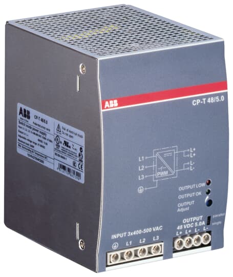 ABB Electrification Switching Power Supply; CP-T 48/5.0; 48VDC OUT; 240W; 340-575VAC / 480-820VDC IN; 3-Phase; DIN Rail Mount